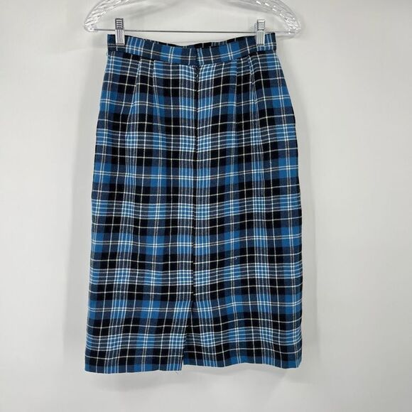 O'Neil of Dublin Plaid Irish Wool Midi Skirt Pencil Blue Black Womens Size 8P - Picture 2 of 5